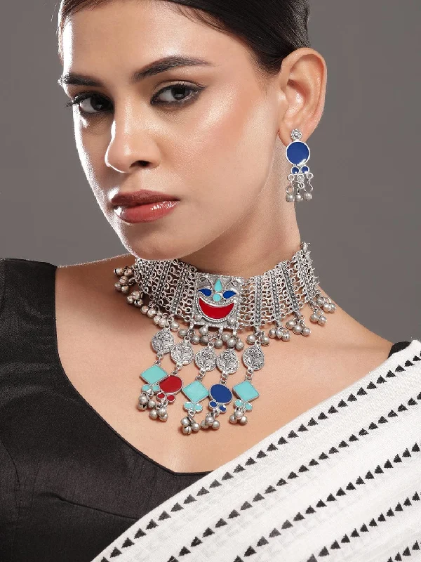 Rubans Oxidised Silver-Plated Choker Necklace Set with Vibrant Blue, Red & Turquoise Accents