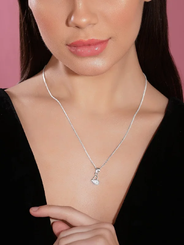 Rubans Rhodium Plated, Minimal Chain Heart Motif Zircons Studded Necklace.