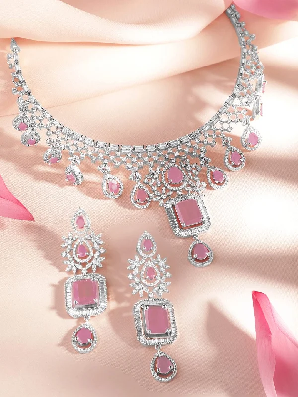 Rubans Rhodium-Plated Pastel Pink Stone & White Cubic Zirconia Handcrafted Premium Jewellery Set