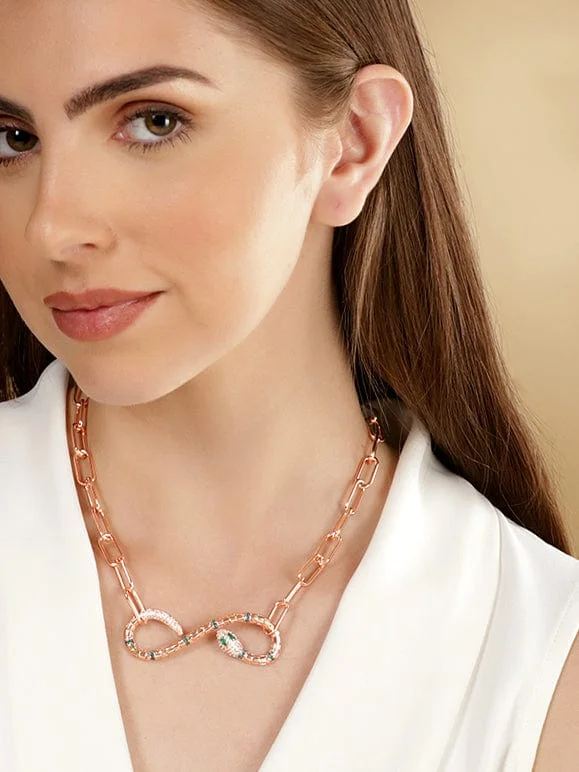 Rubans 18K Rose Gold Brilliant Cut Crystal Zirconia Serpant motif Paper Clip Chain Necklace