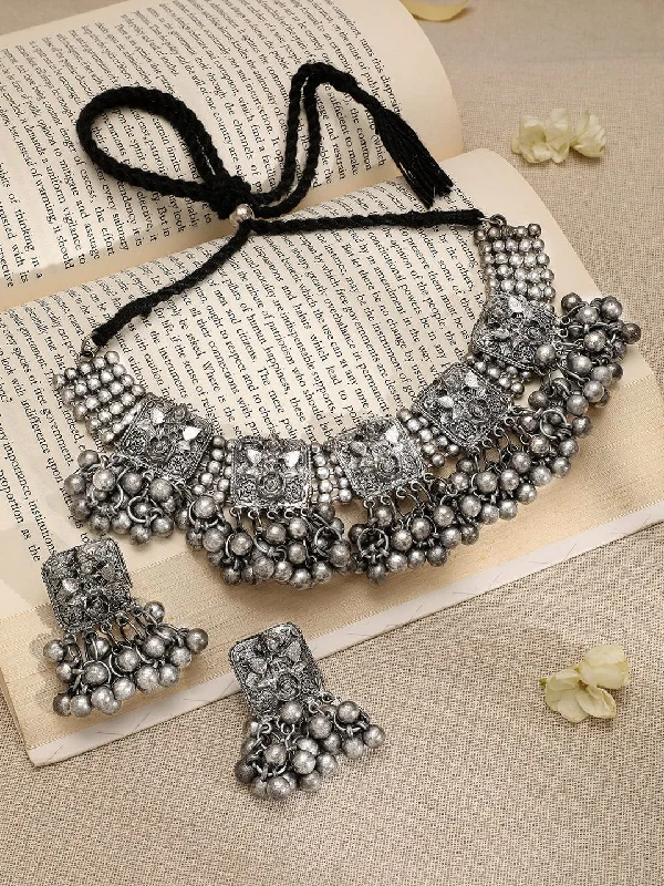 Rubans Silver-Plated Beaded-Studded Oxidized Jewellery Set