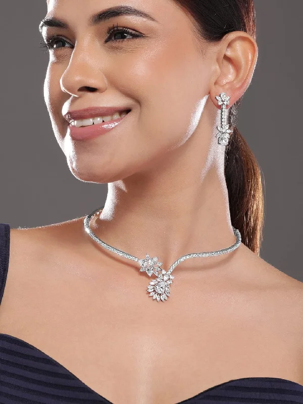 Rubans Silver-Plated Cubic Zirconia-Studded Floral Statement Jewellery Set