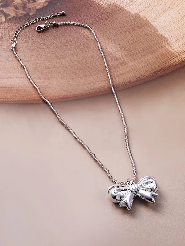 Silver Bow Necklace with Beaded Chain