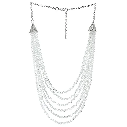 Statement Collar Necklace Multi-Strand Transparent White Crystal Beads Charms Pendant Boho Dress