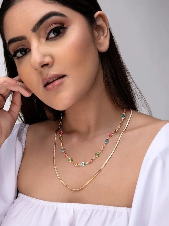 TOKYO TALKIES X Rubans 18K Gold Plated Multicolour Crystal & Snake Chain Double Layer Necklace