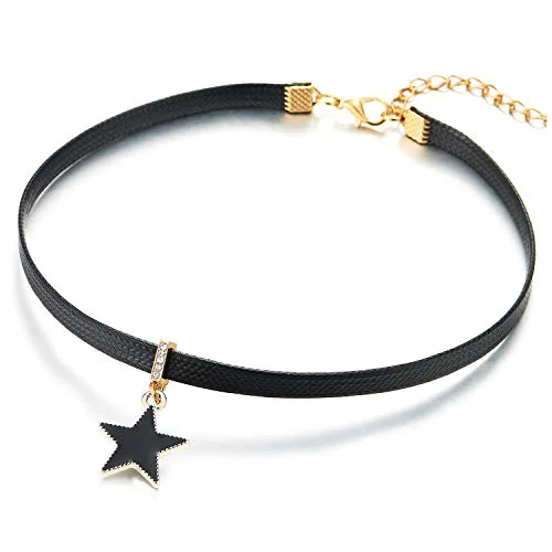 Womens Black Leather Choker Necklace with Black Enamel Pentagram Star Rhinestones Charm Pendant