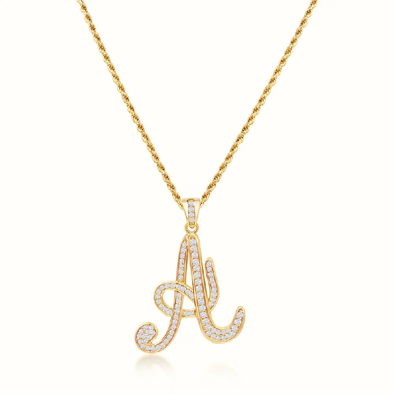 Women's Vermeil Diamond Script Initial Letter Necklace Pendant & Rope Chain