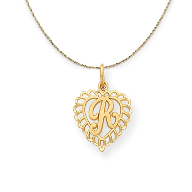 14k Yellow Gold, Grace, Satin Heart Initial R Necklace, 15mm