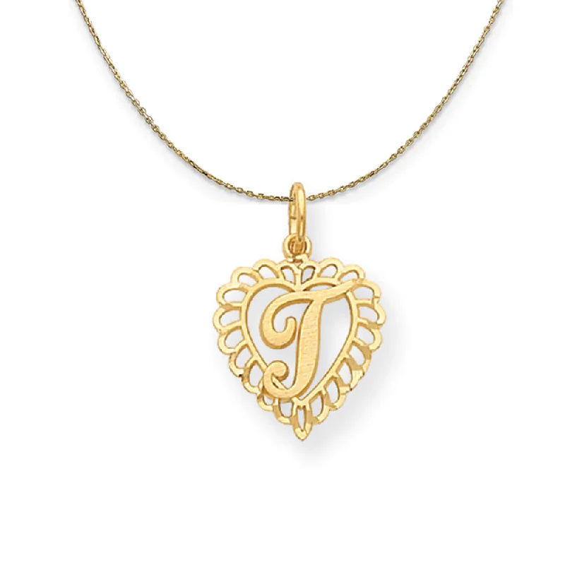 14k Yellow Gold, Grace, Satin Heart Initial T Necklace, 15mm