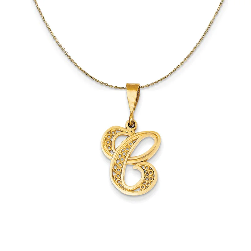 14k Yellow Gold, Maci, LG Filigree Script Initial C Necklace