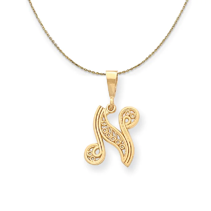 14k Yellow Gold, Maci, LG Filigree Script Initial N Necklace