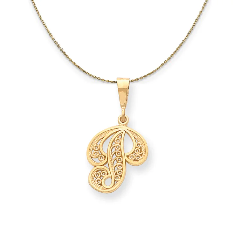 14k Yellow Gold, Maci, LG Filigree Script Initial P Necklace