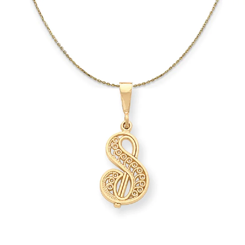 14k Yellow Gold, Maci, LG Filigree Script Initial S Necklace