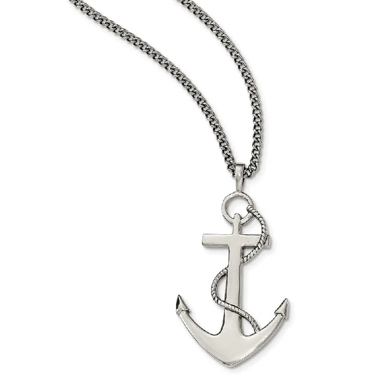 Large Polished Anchor Necklace in Stainless Steel, 24 Inch