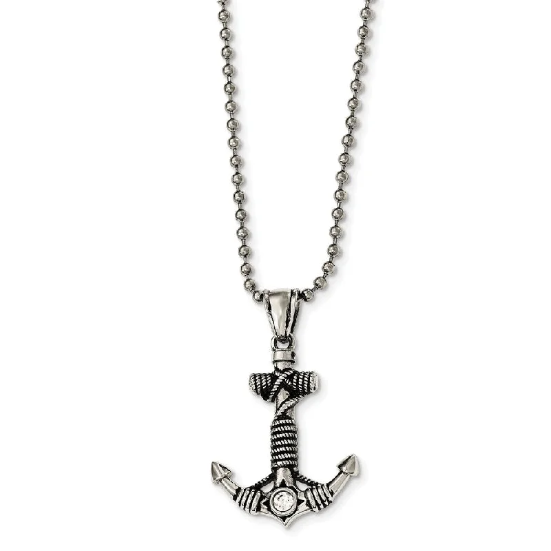 Polished and Antiqued CZ Anchor Necklace in Stainless Steel, 20 Inch