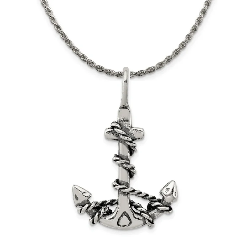 Sterling Silver 3D Antiqued Anchor and Rope Pendant Necklace