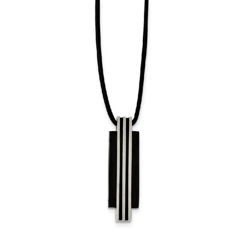 Two Tone Stainless Steel Vertical Bar & Rubber Cord Necklace, 20 Inch