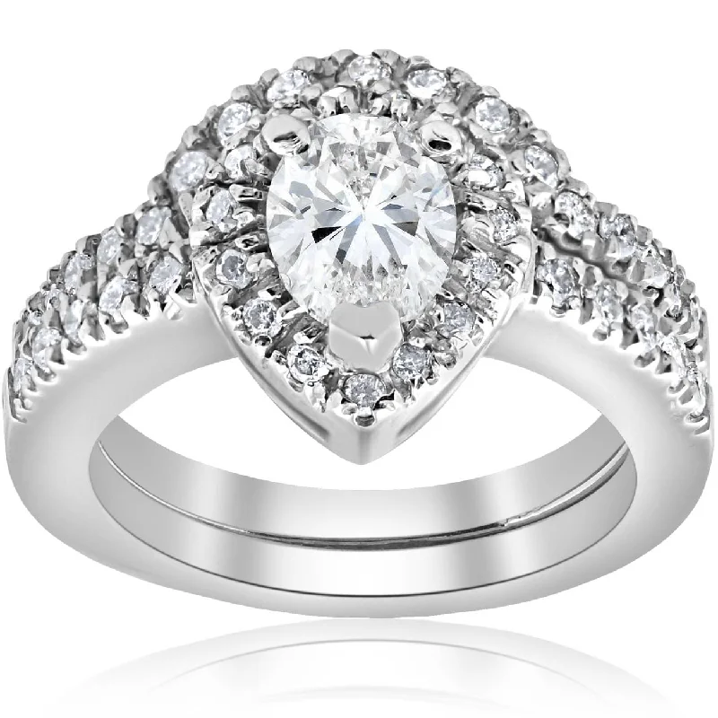 1 1/4ct Pear Shape Lab Grown Diamond Halo Wedding Engagement Set 14K White Gold