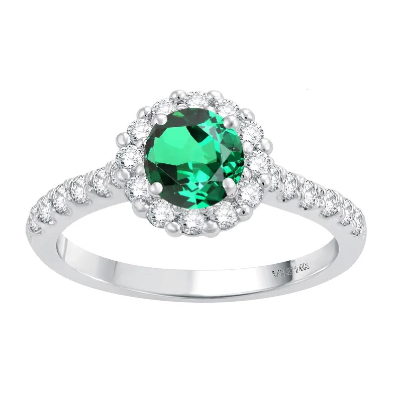 1.35ct Emerald and White Diamond Halo Ring in White Gold