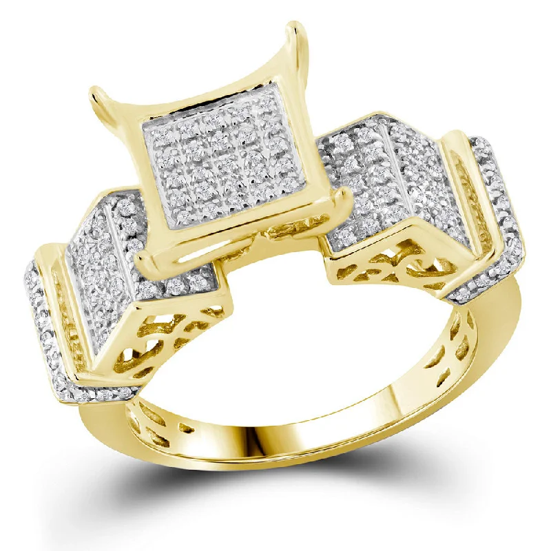 10kt Yellow Gold Womens Round Pave-set Diamond Elevated Square Cluster Ring 3/8 Cttw