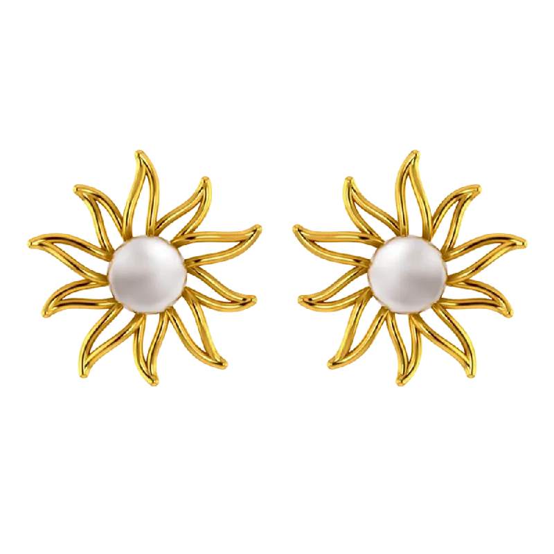 14k Gold Earrings In The Shape Of A Sun With Pearl Design