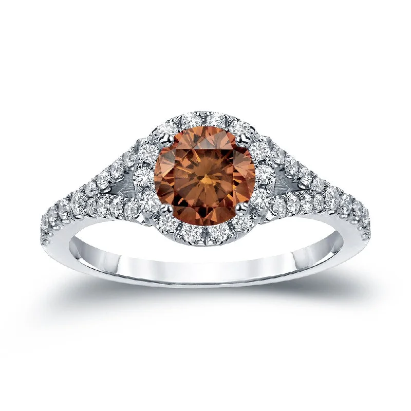 14k Gold Round 1 1/2ct TDW Brown Diamond Halo Engagement Ring by Auriya