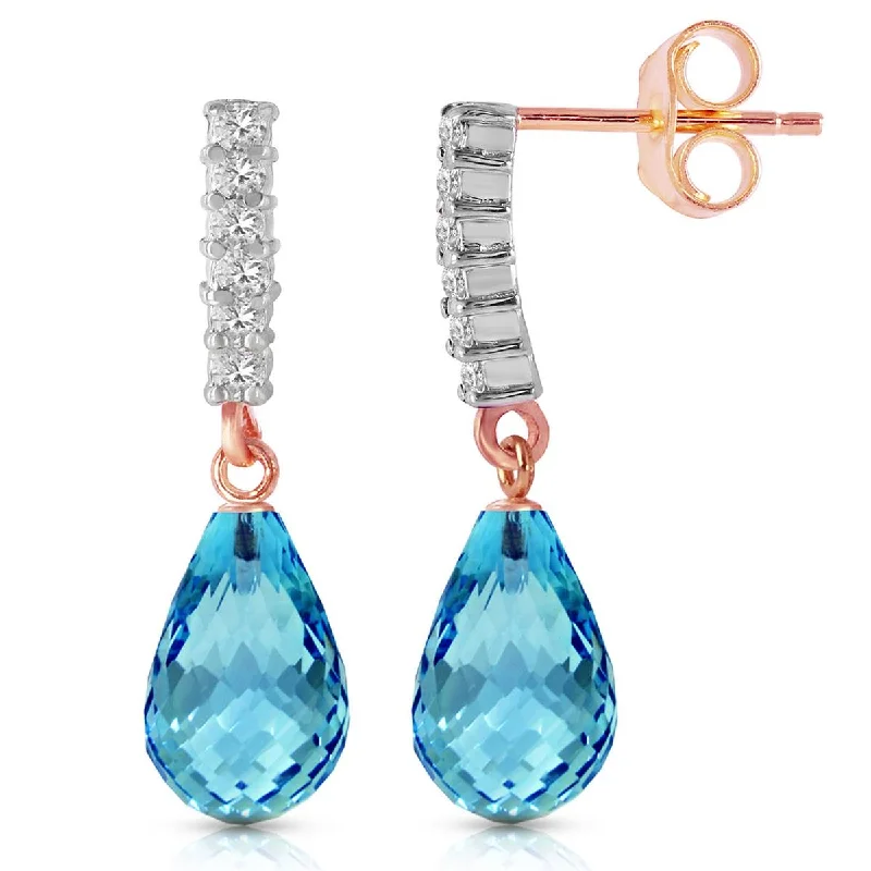 14K Solid Rose Gold Diamond & Blue Topaz Genuine Earrings