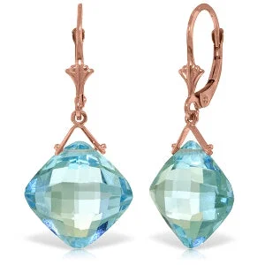 14K Solid Rose Gold Leverback Earrings Blue Topaz Gemstone