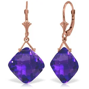 14K Solid Rose Gold Leverback Earrings w/ Checkerboard Cut Amethysts