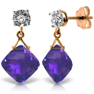 14K Solid Rose Gold Stud Earrings Diamond & Amethyst Gemstone