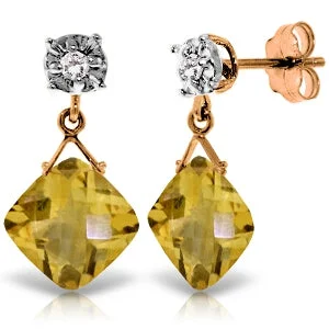 14K Solid Rose Gold Stud Earrings Diamond & Citrine Gemstone