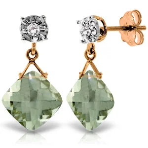 14K Solid Rose Gold Stud Earrings Diamond & Green Amethyst Gemstone