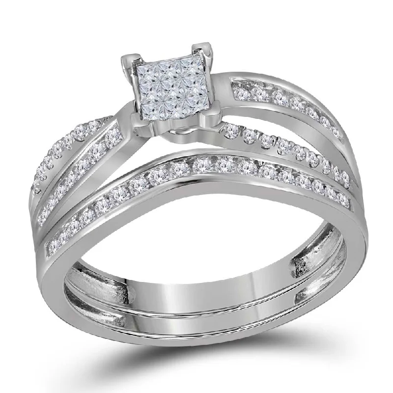 14kt White Gold Princess Diamond Bridal Wedding Ring Band Set 1/2 Cttw