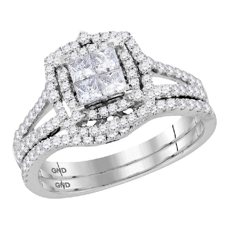 14kt White Gold Princess Diamond Halo Bridal Wedding Ring Band Set 1 Cttw