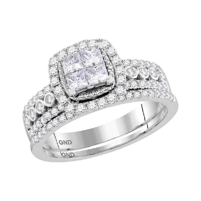 14kt White Gold Princess Diamond Halo Bridal Wedding Ring Band Set 1 Cttw