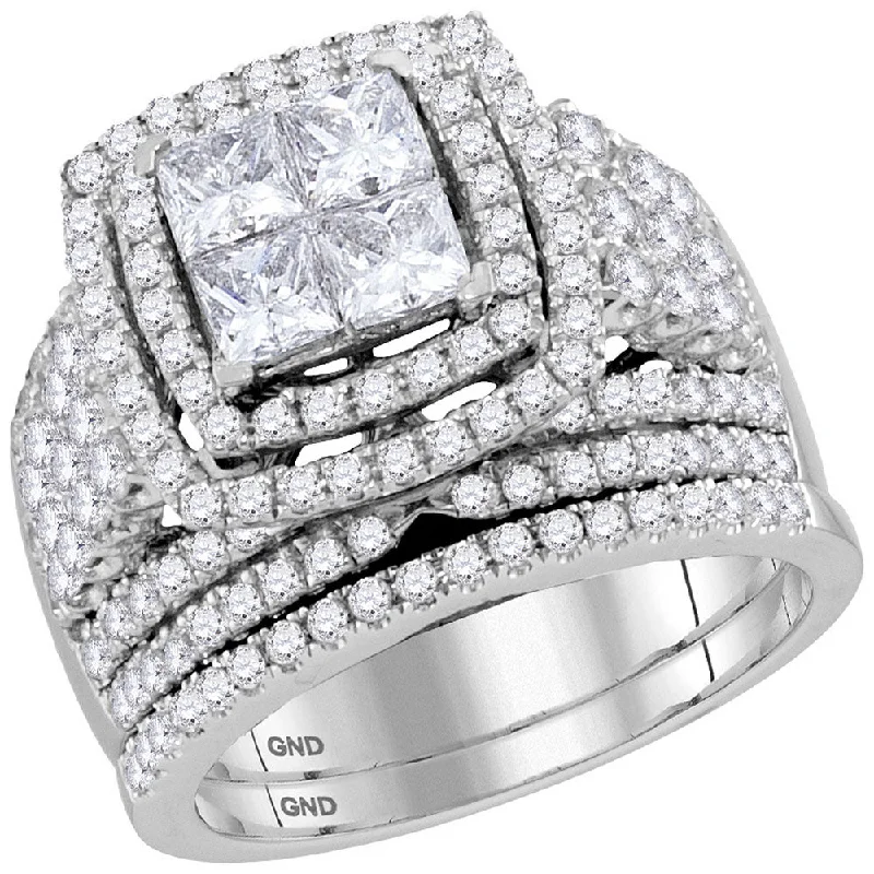 14kt White Gold Princess Diamond Halo Bridal Wedding Ring Band Set 3 Cttw