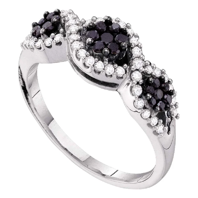 14kt White Gold Womens Round Black Color Enhanced Diamond Flower Cluster Band Ring 1/2 Cttw