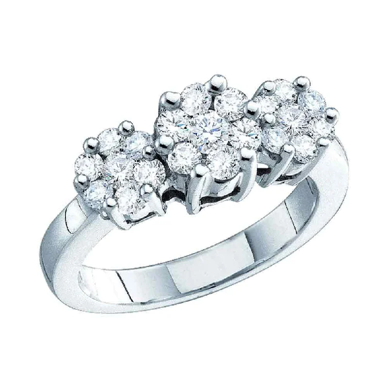 14kt White Gold Womens Round Diamond Triple Flower Cluster Ring 1/3 Cttw