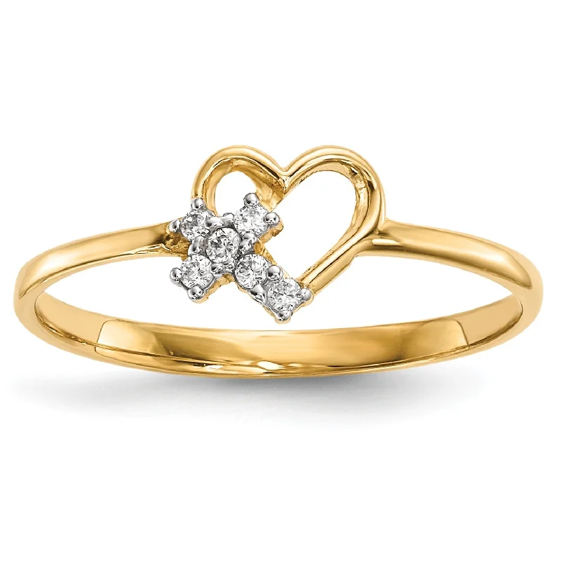 14KT Yellow Gold Cubic Zirconia Heart Cross Ring; Size 7