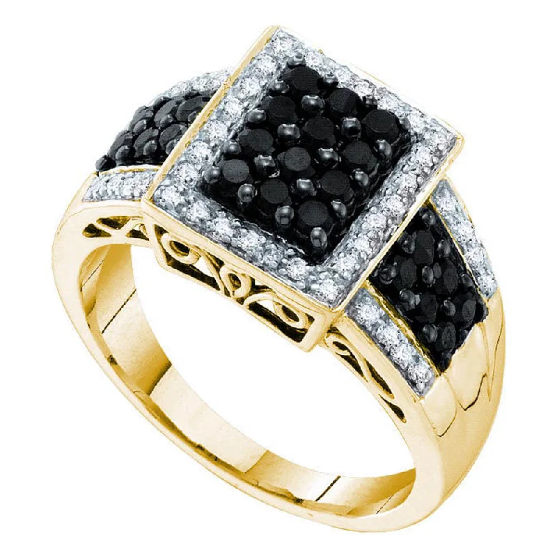 14kt Yellow Gold Womens Round Black Color Enhanced Diamond Rectangle Cluster Ring 5/8 Cttw