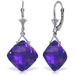 17.5 Carat 14K Solid White Gold Leverback Earrings Checkerboard Cut Amethyst