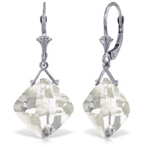 17.5 Carat 14K Solid White Gold Leverback Earrings Checkerboard Cut White Topaz