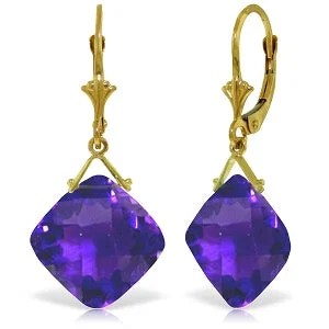 17.5 Carat 14K Solid Yellow Gold Leverback Earrings Checkerboard Cut Amethyst