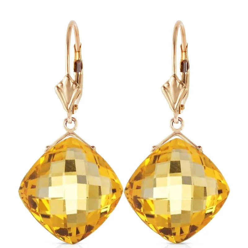 17.5 Carat 14K Solid Yellow Gold Leverback Earrings Checkerboard Cut Citrine