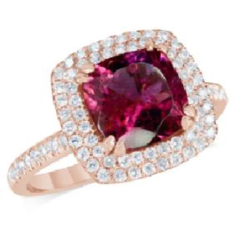 7MM Cushion Pink Tourmaline and Diamond Halo Ring in 14KT Rose Gold