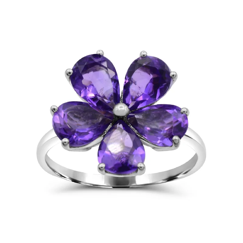 7X5MM Pear Amethyst Flower Gem Stone Ring in Rhodium Plated Sterling Silver