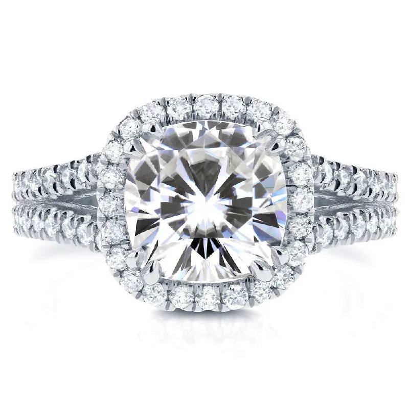 Annello by Kobelli 14k White Gold 2 1/2ct TCW Forever One Moissanite and Diamond Halo Split Shank Engagement Ring