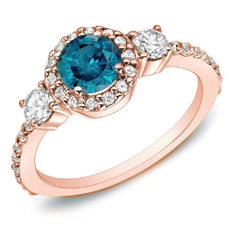 Auriya 1 1/4ctw 3-Stone Halo Blue Diamond Engagement Ring 14k Rose Gold