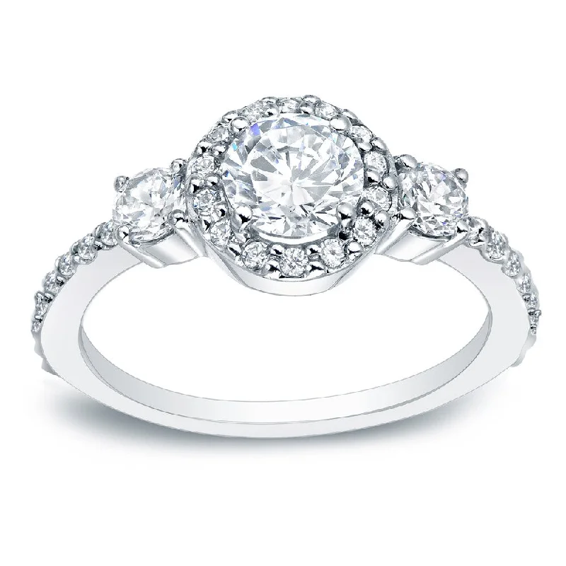 Auriya Platinum 3/4ctw Round 3-Stone Halo Diamond Engagement Ring (H-I, SI1-SI2)