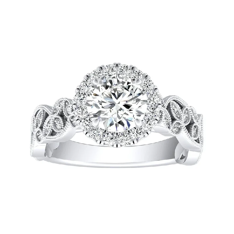 Auriya Vintage Round 1 1/2ct Moissanite and 1/4ct TDW Diamond Halo Engagement Ring 14K Gold (G-H, VS1-VS2)